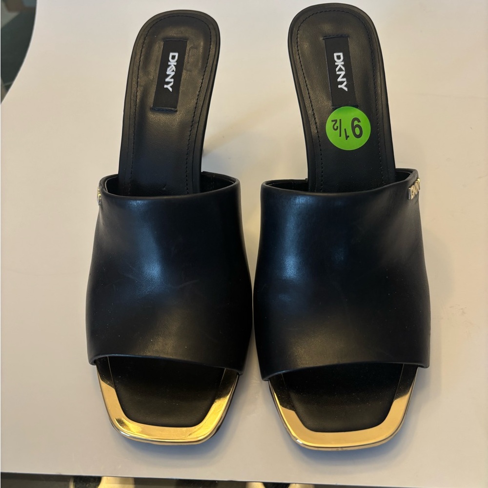 DKNY Black and Gold Open-Toe Mules